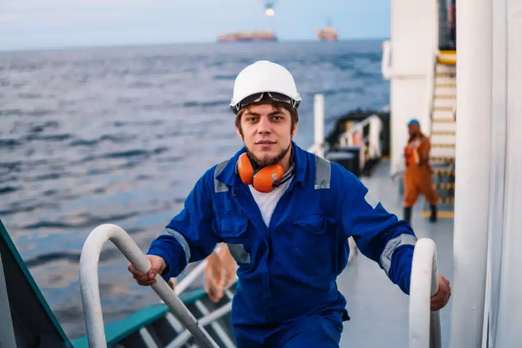 Marine Industry Worker on Deck, Ocean Background