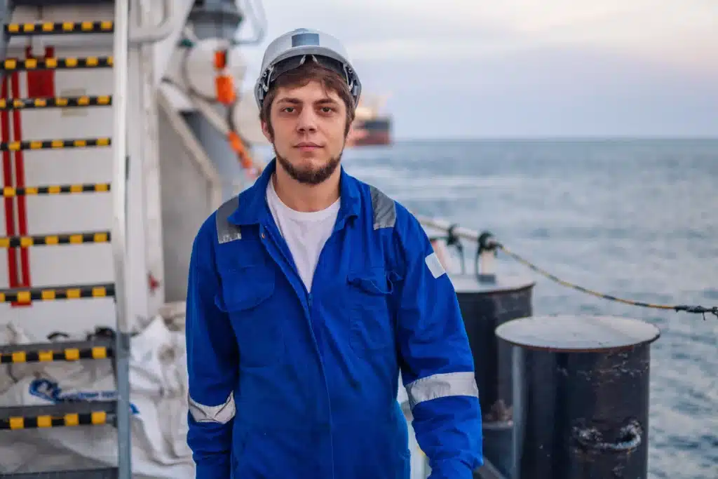 Maritime Worker Wearing Hard Hat on Ship at Sea