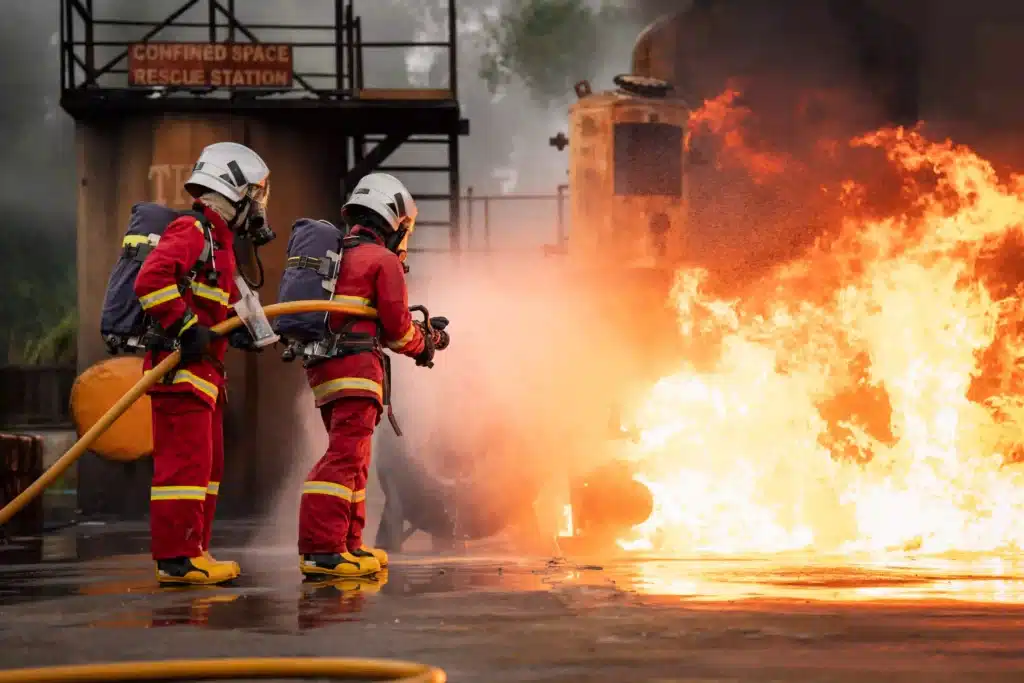 firefighters-in-red-gear-extinguishing- huge fire in a chemical plant