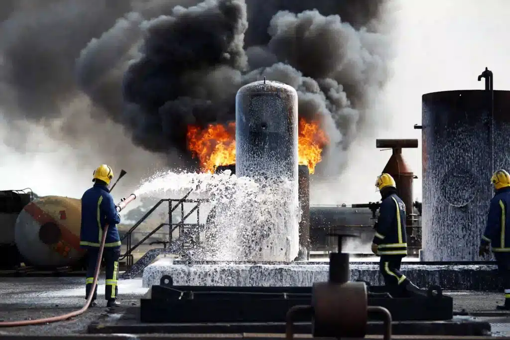 firemen-training-to-put-out-fire-on-burning-tanks in a chemical plant