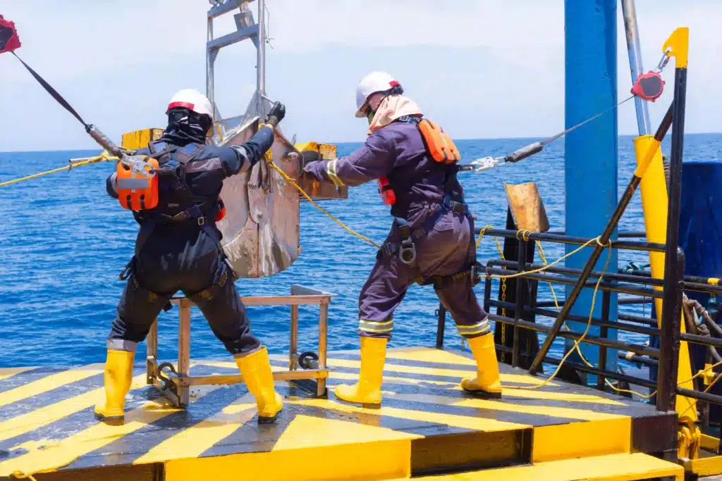 Offshore Workers Securing Equipment at Sea