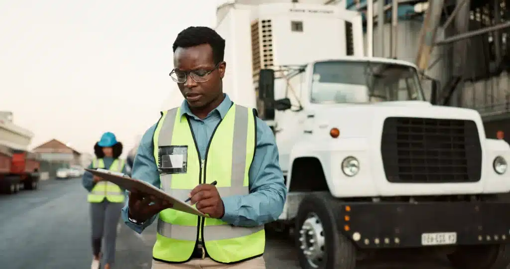 shipping-inspector-taking-notes-near-truck-