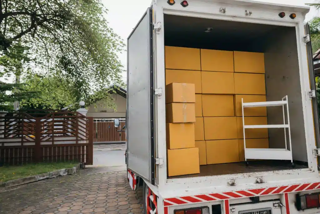 U-haul moving-truck-full-of-boxes-in-residential-area-
