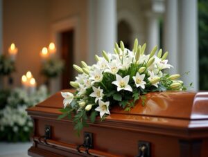A coffin at a funeral with flowers on it. What to do after a wrongful death in Louisiana