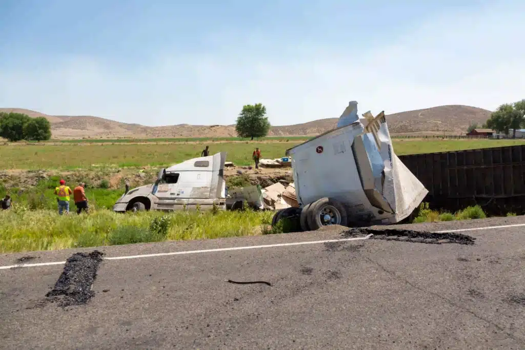 Wrecked Semi Truck on Side of Roadway