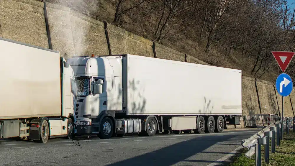 A damaged truck accident after a crash on the road