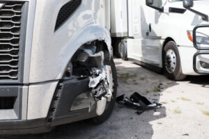 A smashed front-end of a truck. How is fault determined in an overloaded truck accident in Louisiana?