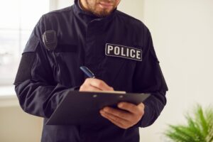A police officer filling out a police report. How to obtain a police report after a car accident in Metairie, LA?