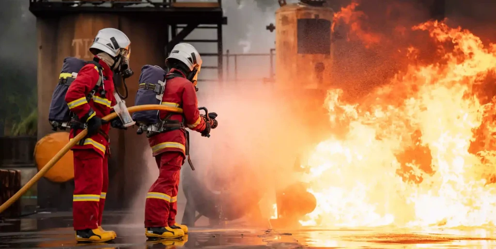 firefighters-in-red-gear-extinguishing- huge fire in a chemical plant