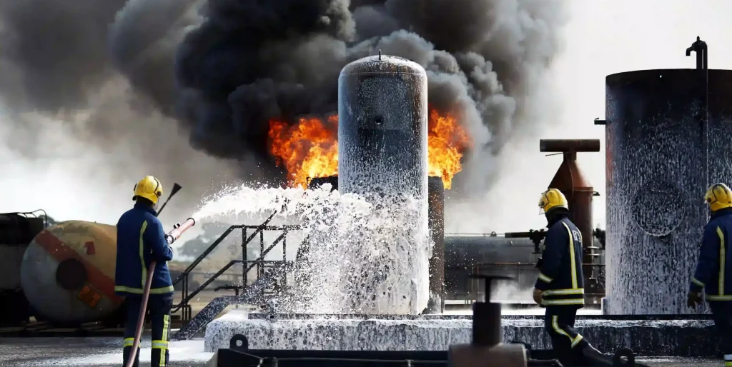 firemen-training-to-put-out-fire-on-burning-tanks in a chemical plant