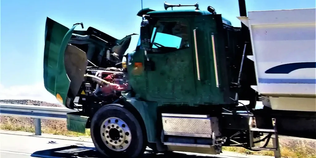 Green Semi-Truck with Hood Open on Highway