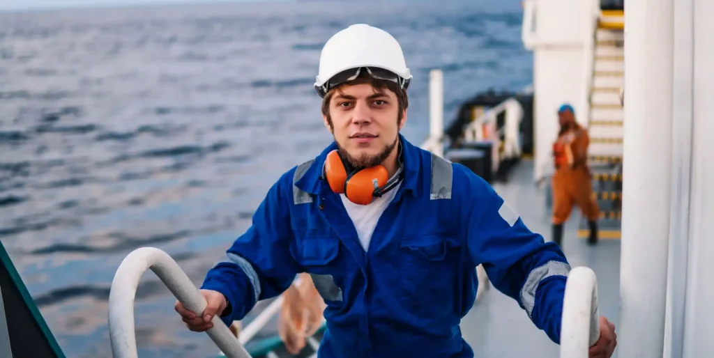 Marine Industry Worker on Deck, Ocean Background