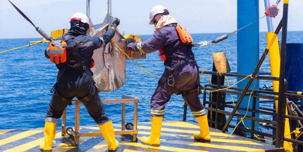Offshore Workers Securing Equipment at Sea