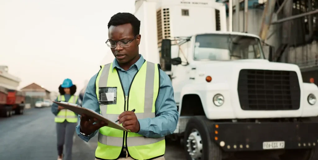 shipping-inspector-taking-notes-near-truck-