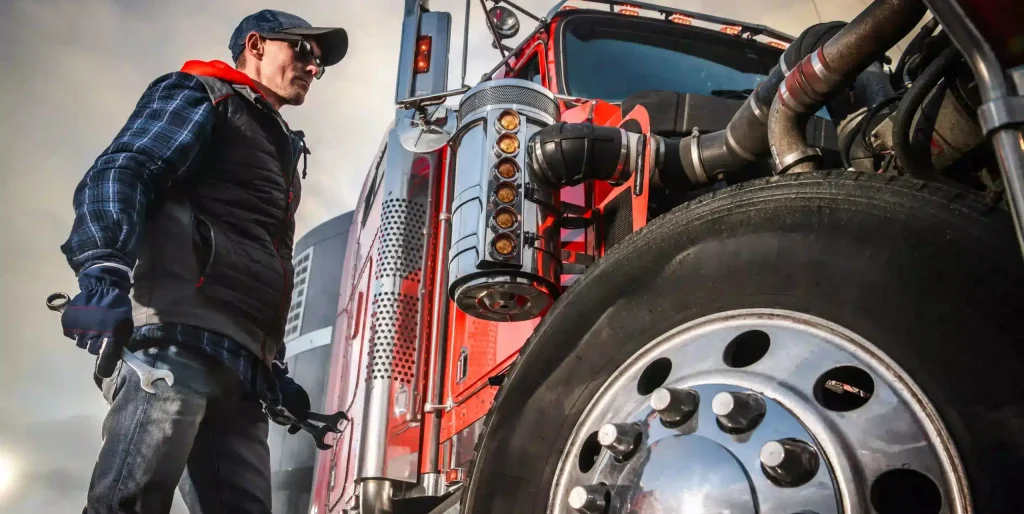 truck mechanic fixing truck on the road side