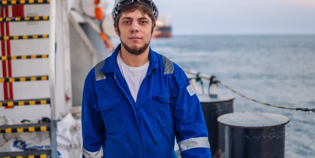 Maritime Worker Wearing Hard Hat on Ship at Sea