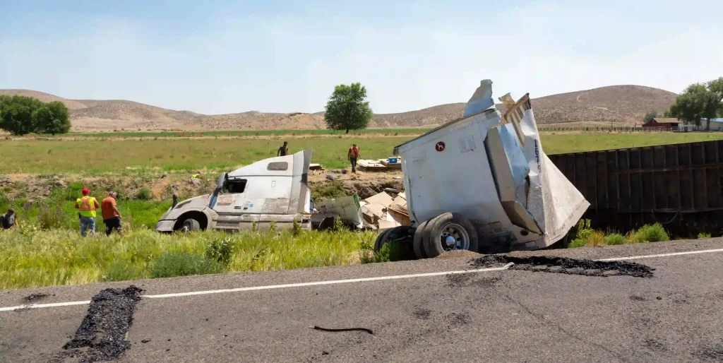 fatal accident, wrecked-semi-truck-on-side-of-roadway